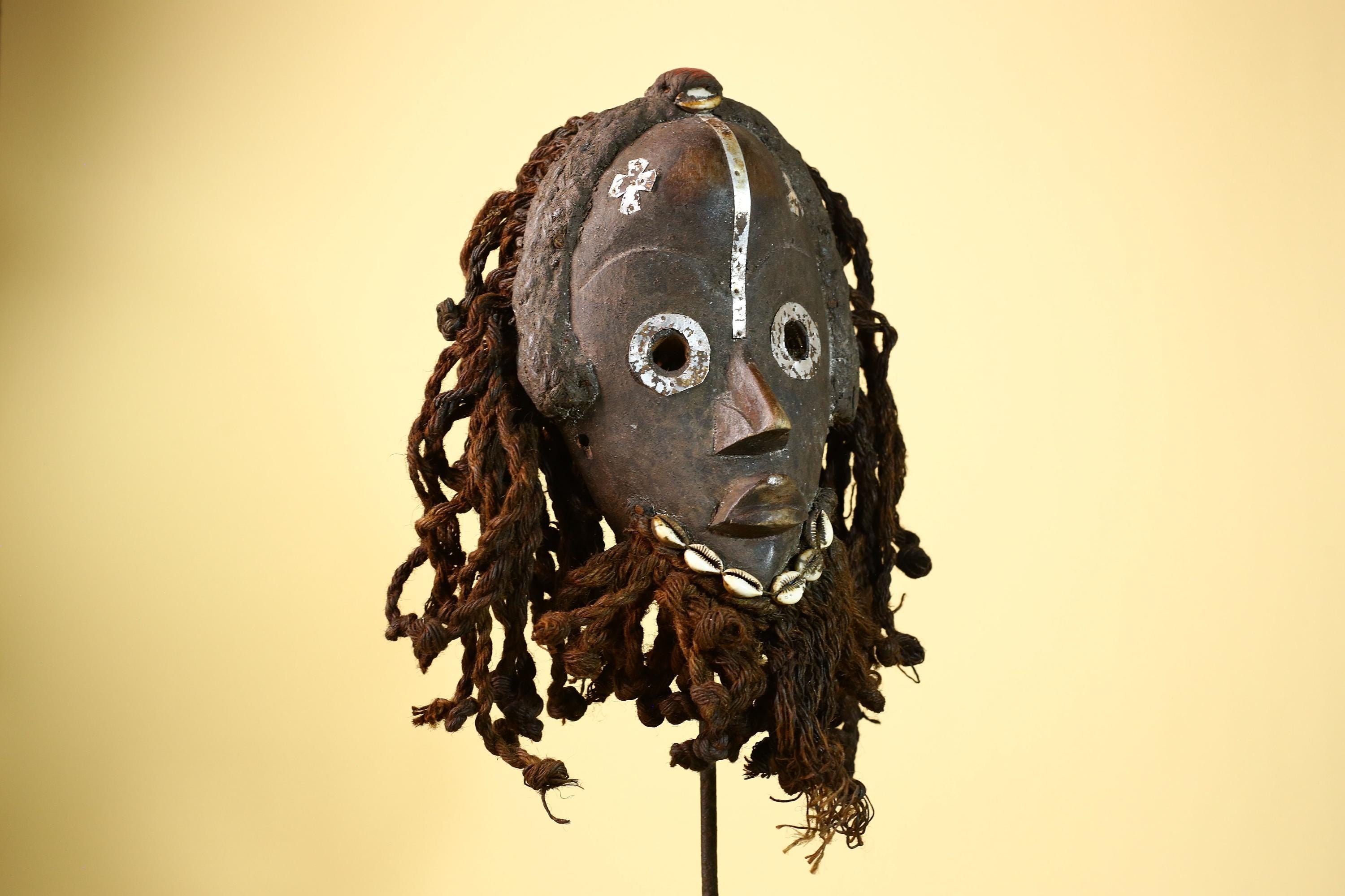 African Vintage Dan Mask with Metal Eyes Cowrie Braided Hair  Tribal Art -G6002
