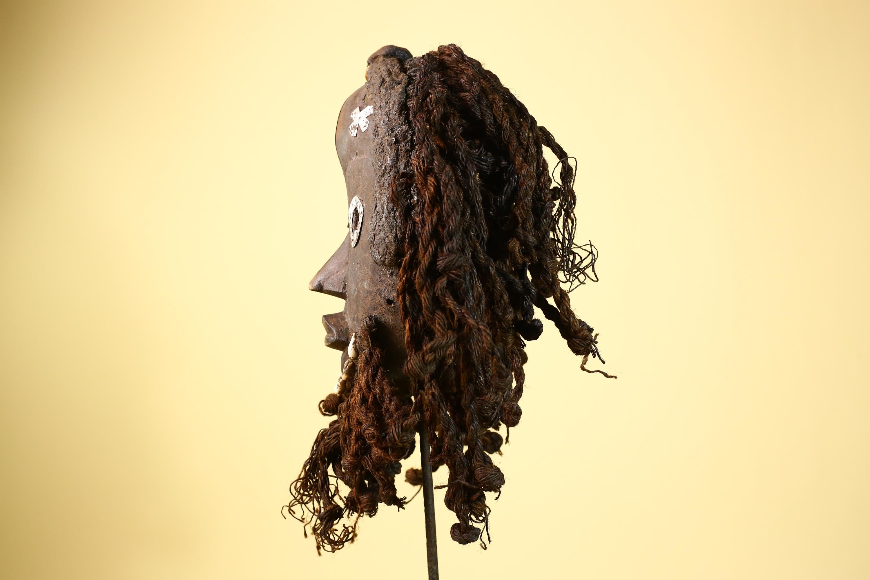 African Vintage Dan Mask with Metal Eyes Cowrie Braided Hair  Tribal Art -G6002