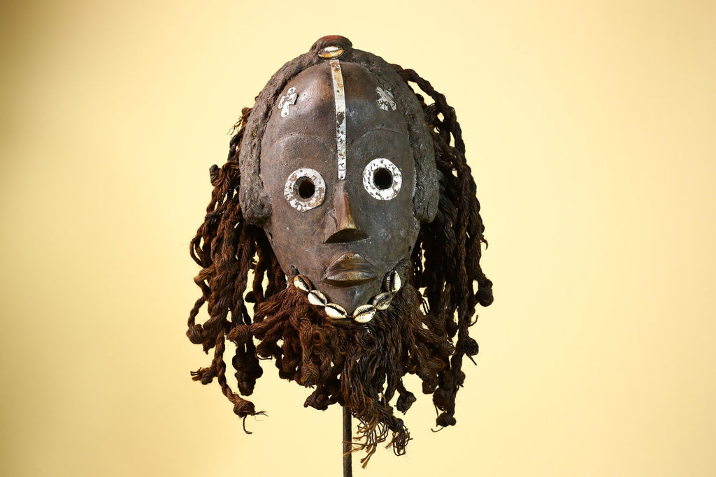African Vintage Dan Mask with Metal Eyes Cowrie Braided Hair  Tribal Art -G6002