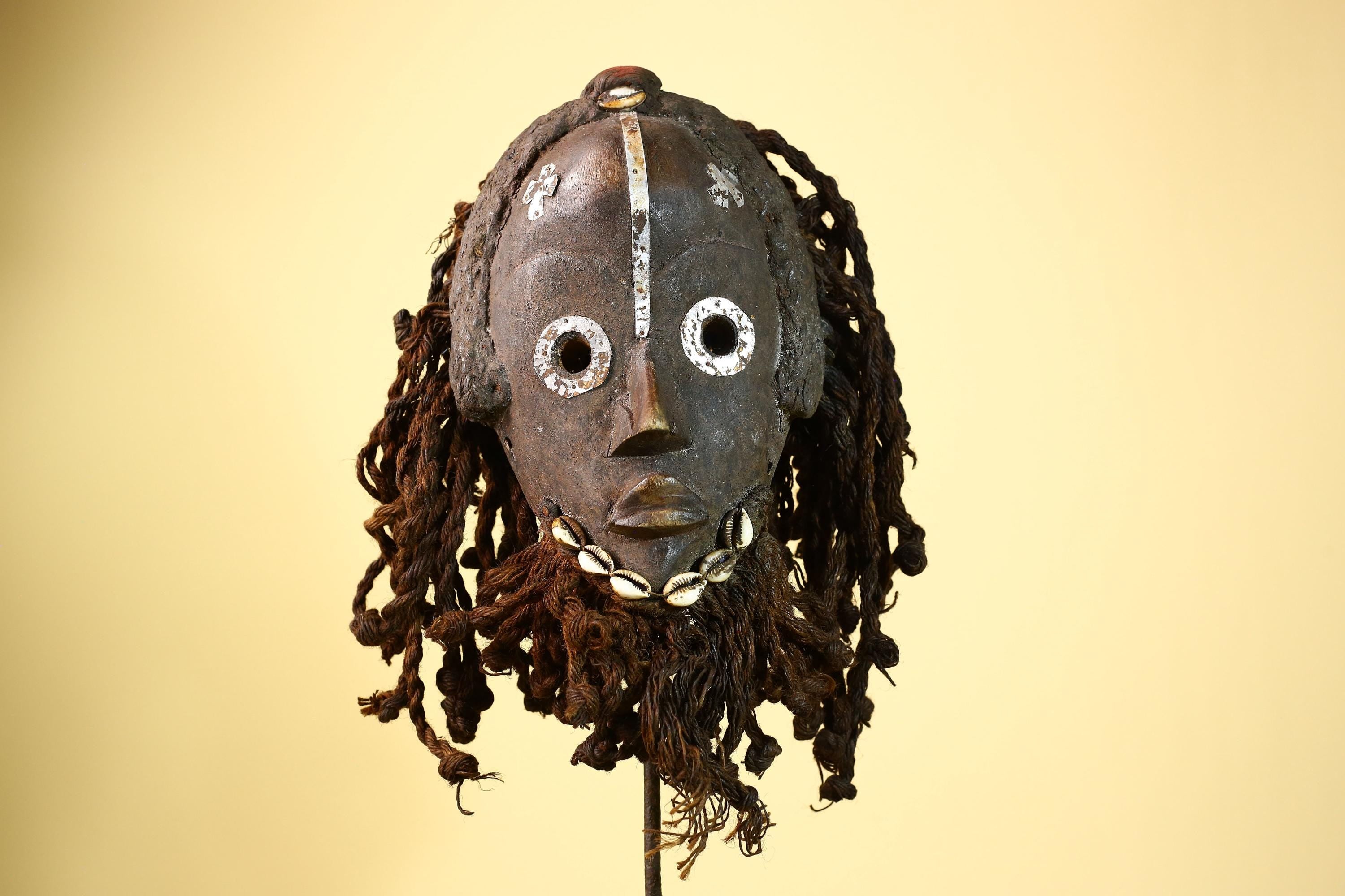 African Vintage Dan Mask with Metal Eyes Cowrie Braided Hair  Tribal Art -G6002