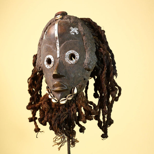 African Vintage Dan Mask with Metal Eyes Cowrie Braided Hair  Tribal Art -G6002