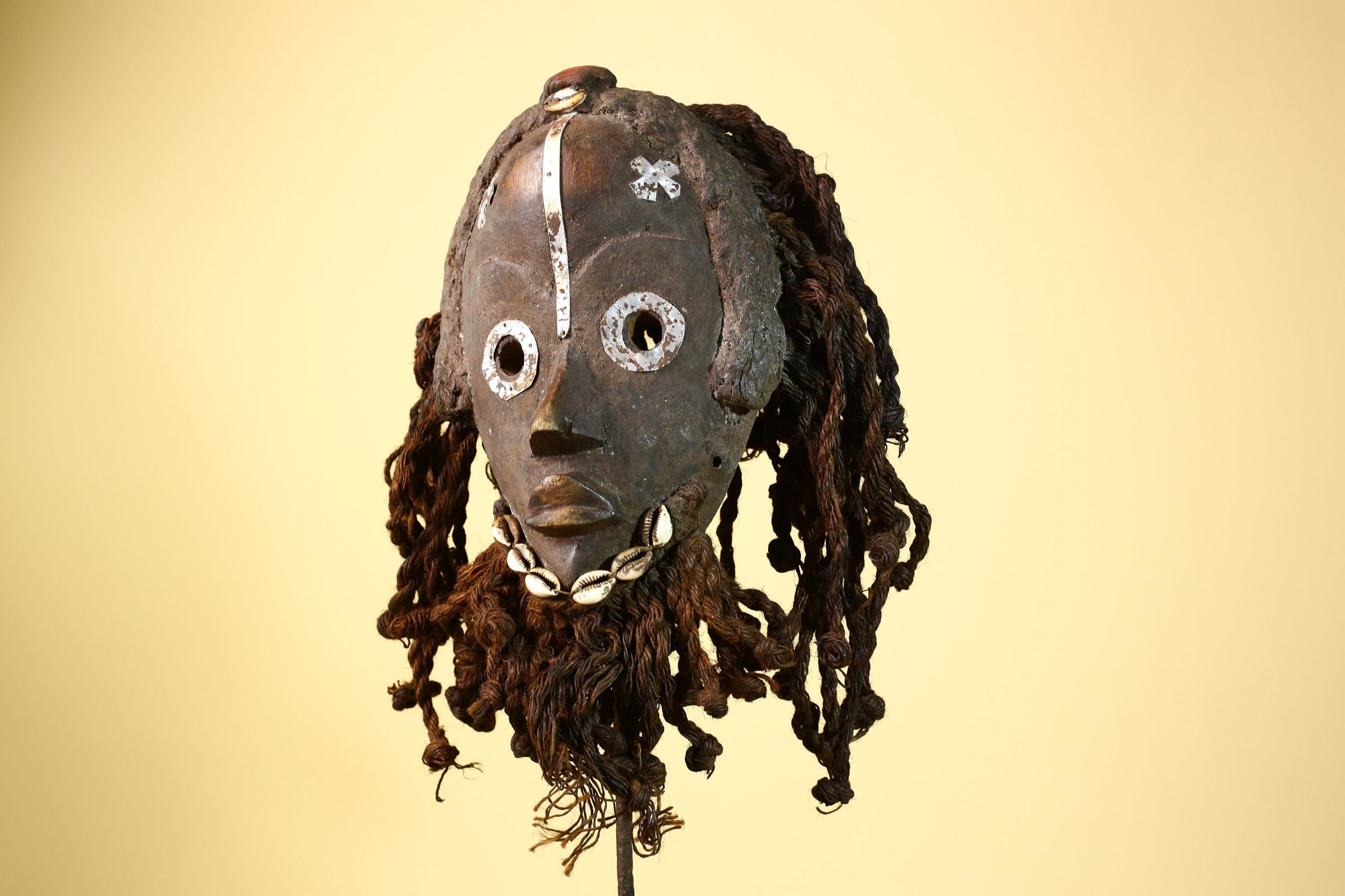 African Vintage Dan Mask with Metal Eyes Cowrie Braided Hair  Tribal Art -G6002