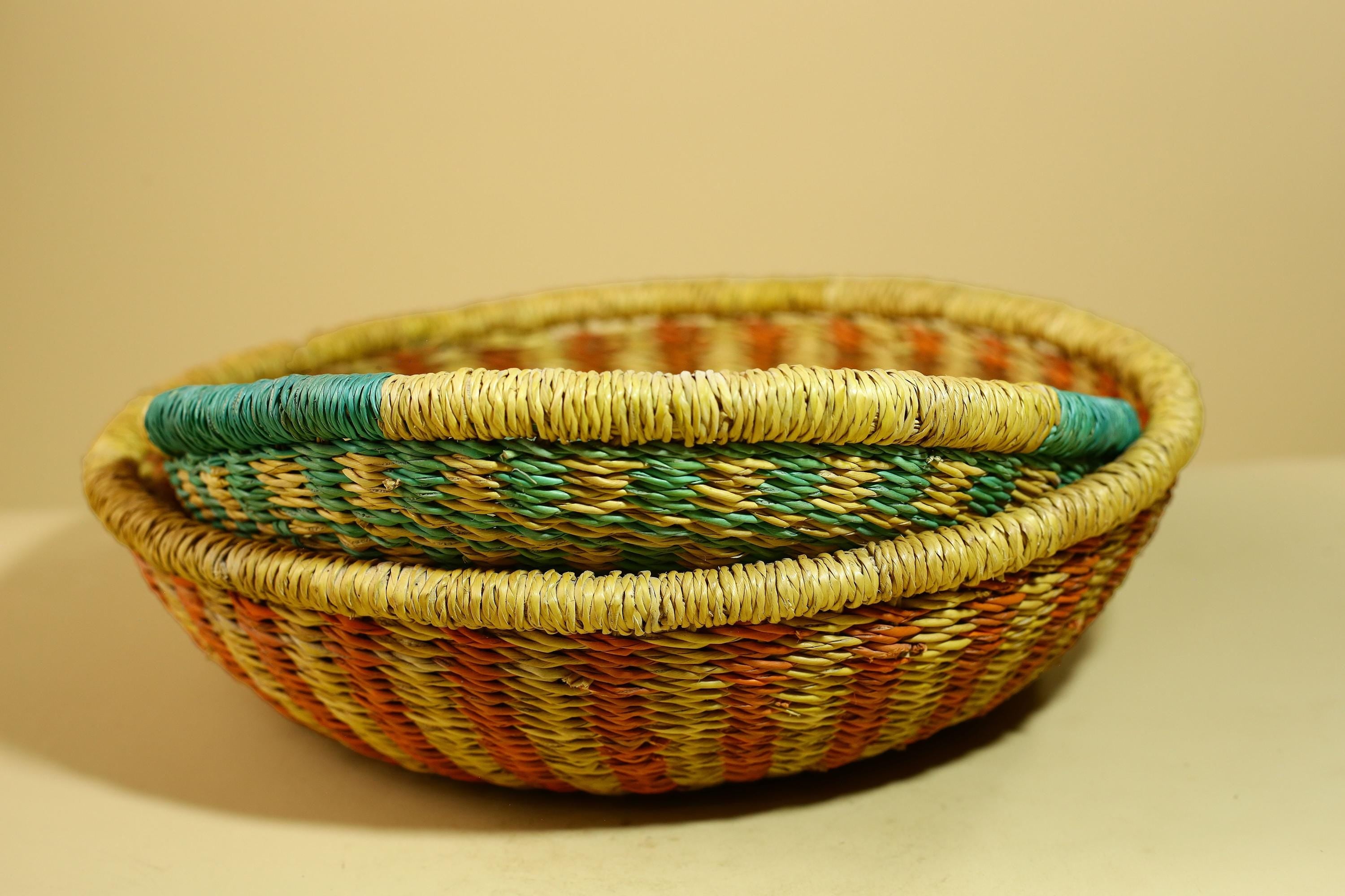 African Woven Basket Handmade Straw Storage Basket with Colorful Lid-G5916
