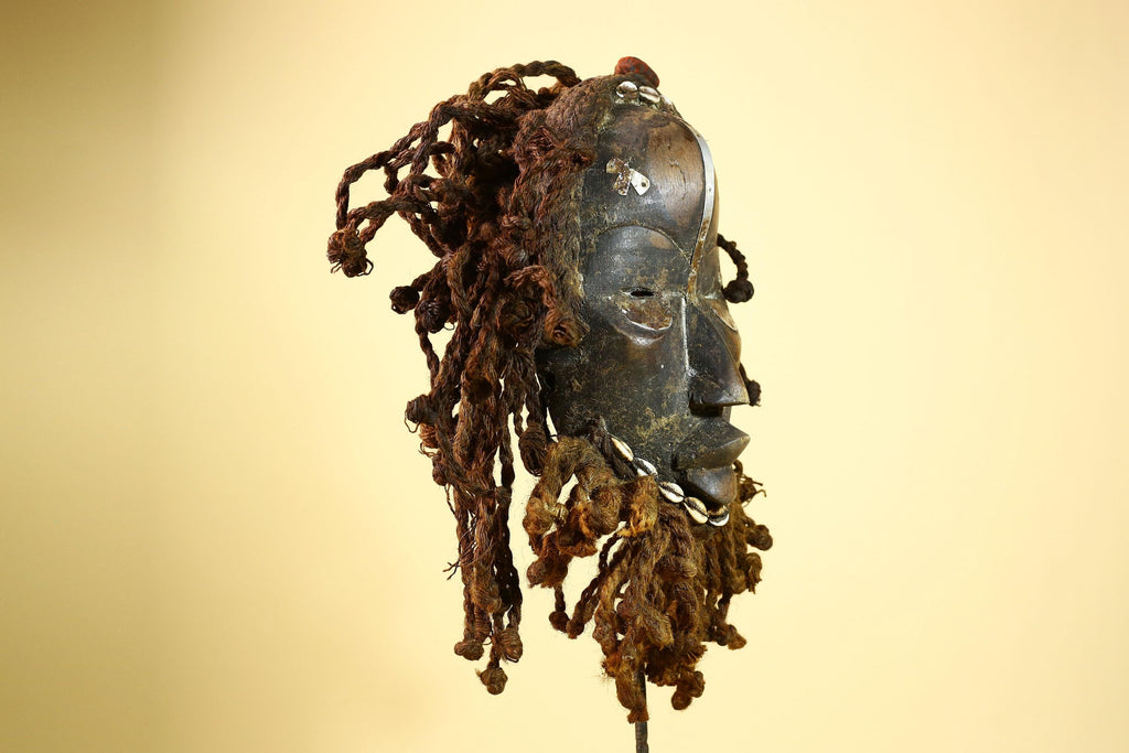 African Vintage Dan Mask Côte d'Ivoire Tribal Art With Cowrie & Braided  -G6003