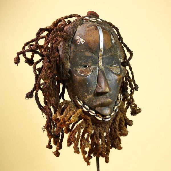African Vintage Dan Mask Côte d'Ivoire Tribal Art With Cowrie & Braided  -G6003
