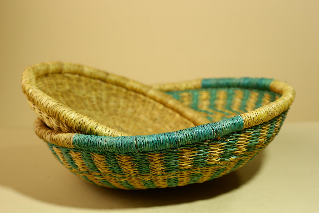 African Woven Basket Teal Straw Storage Basket Handmade Tribal Decor-G5917