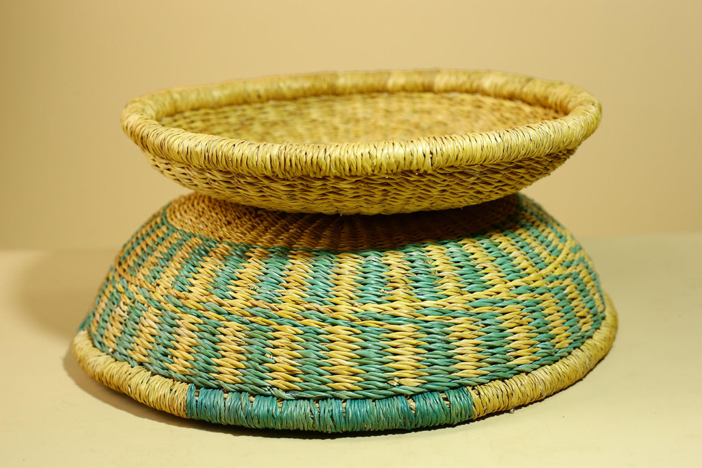 African Woven Basket Teal Straw Storage Basket Handmade Tribal Decor-G5917