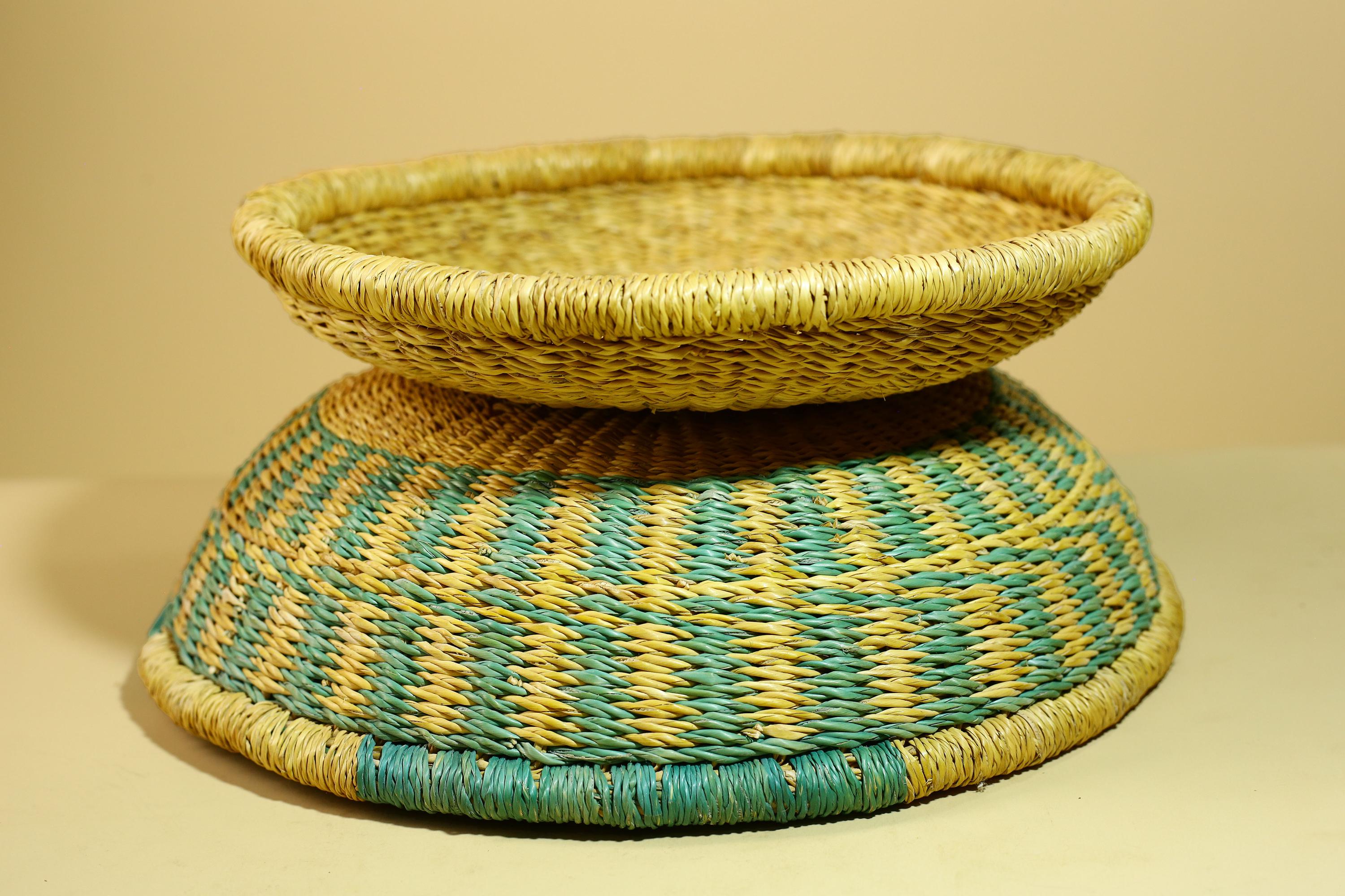 African Woven Basket Teal Straw Storage Basket Handmade Tribal Decor-G5917