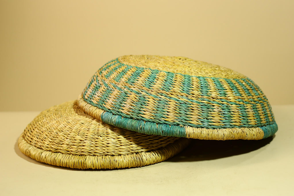 African Woven Basket Teal Straw Storage Basket Handmade Tribal Decor-G5917