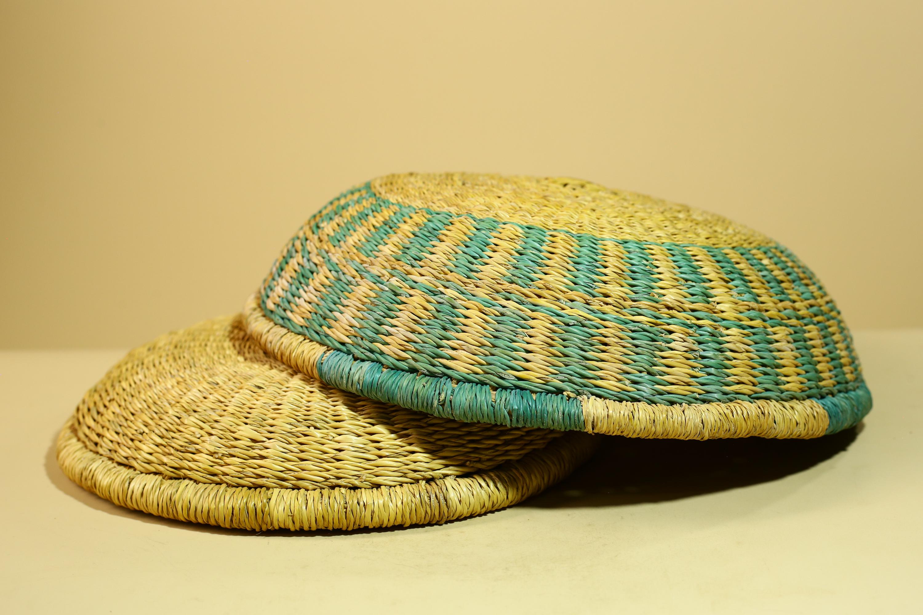 African Woven Basket Teal Straw Storage Basket Handmade Tribal Decor-G5917