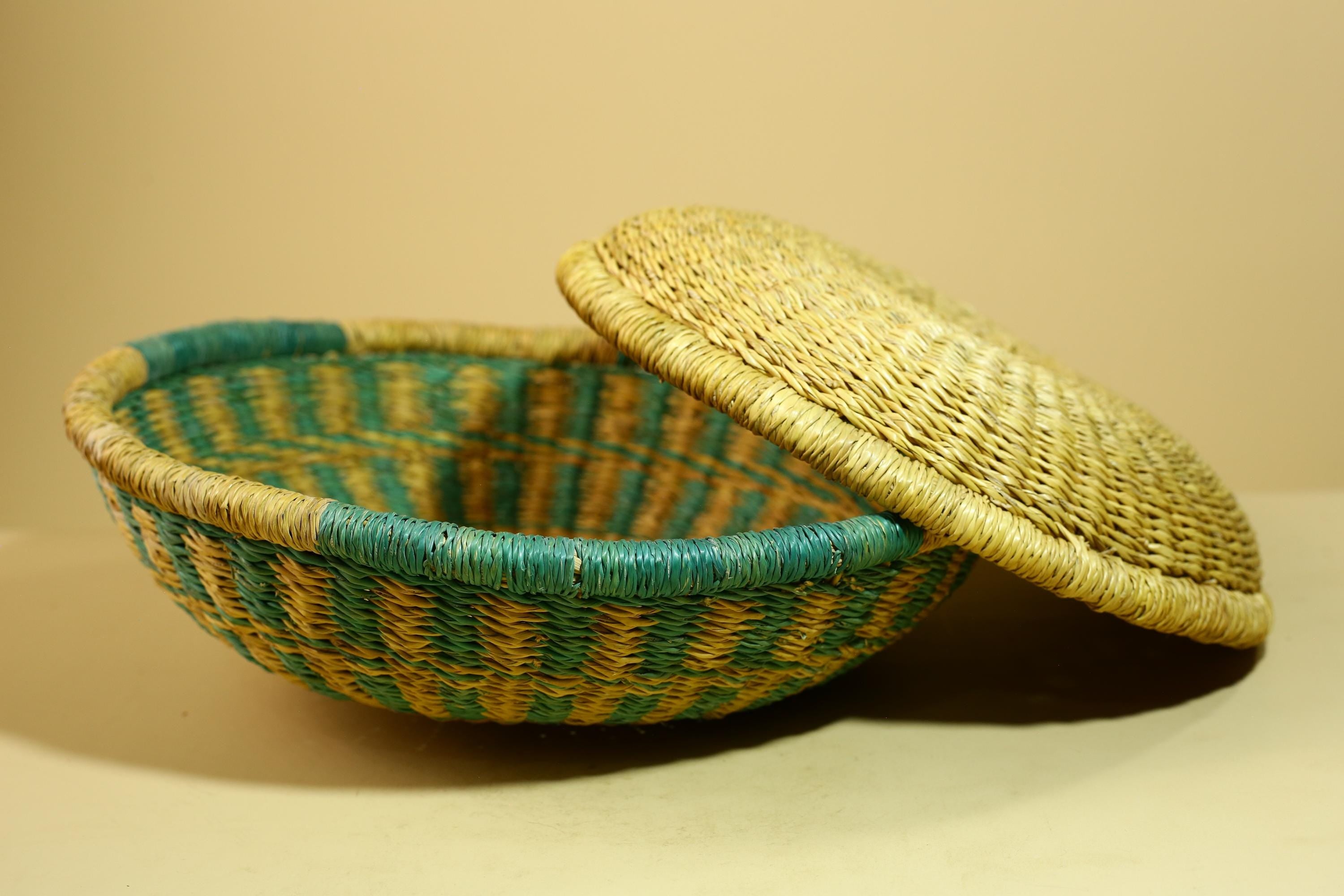 African Woven Basket Teal Straw Storage Basket Handmade Tribal Decor-G5917