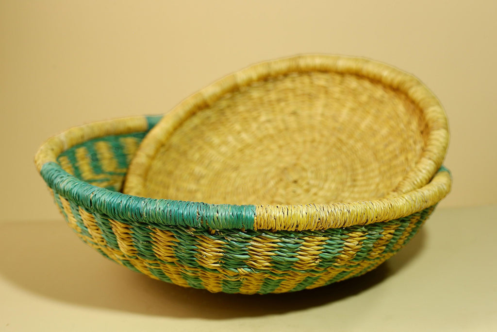 African Woven Basket Teal Straw Storage Basket Handmade Tribal Decor-G5917