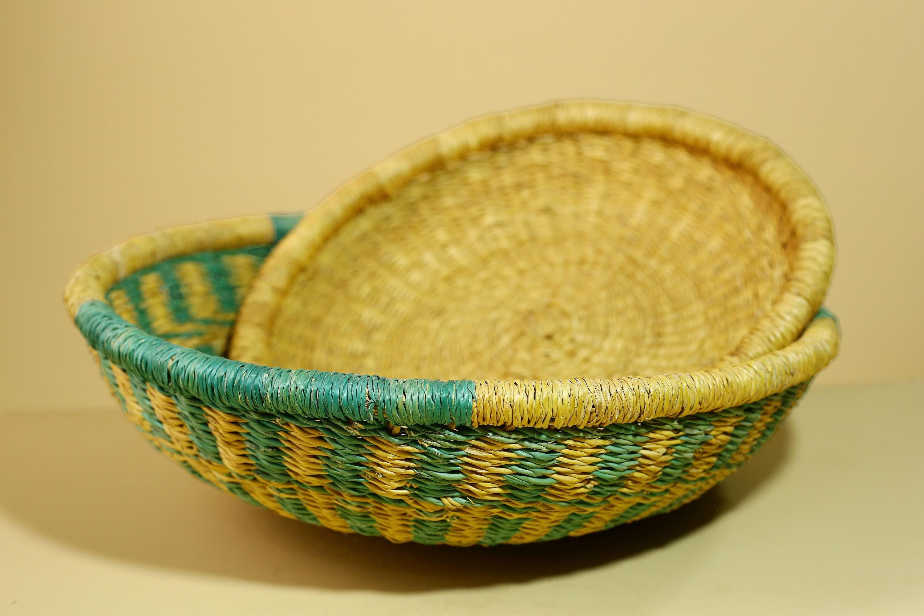 African Woven Basket Teal Straw Storage Basket Handmade Tribal Decor-G5917
