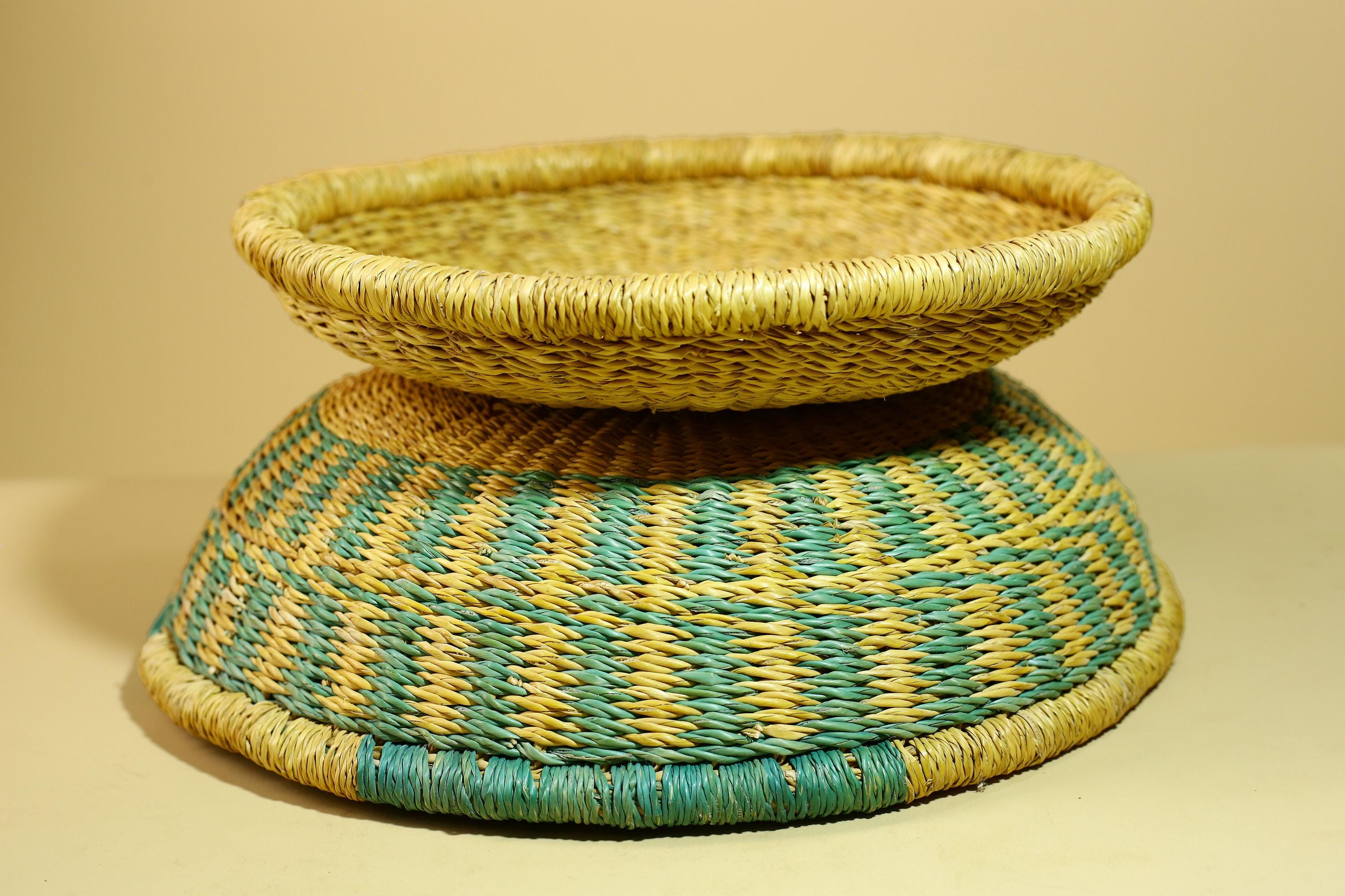 African Woven Basket Teal Straw Storage Basket Handmade Tribal Decor-G5917