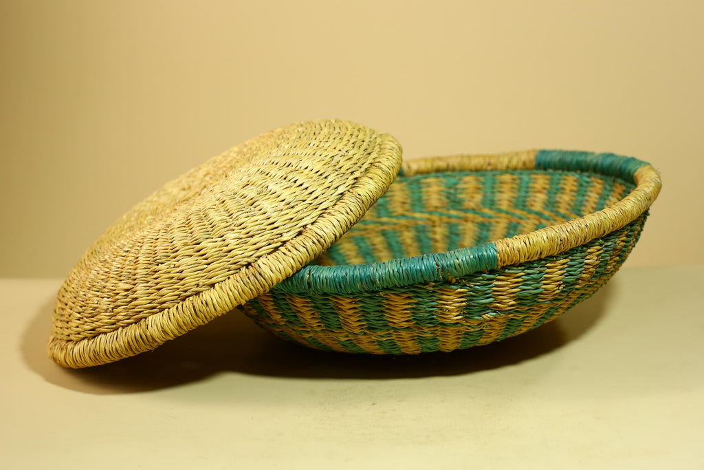 African Woven Basket Teal Straw Storage Basket Handmade Tribal Decor-G5917