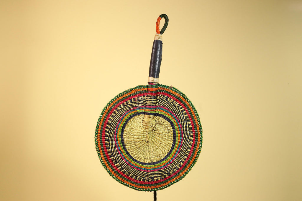 African Woven Fan Colorful Straw Handcrafted Decor Wall Display Tribal Art-G5921