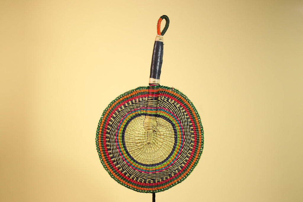 African Woven Fan Colorful Straw Handcrafted Decor Wall Display Tribal Art-G5921