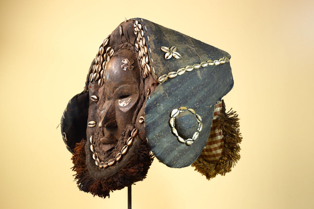 Vintage Dan Cowrie Shell Ceremonial African Tribal Mask Hand-Carved Wood-G6004