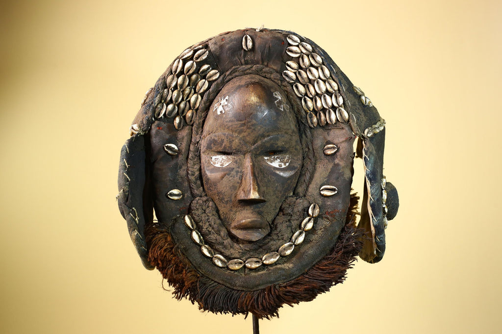 Vintage Dan Cowrie Shell Ceremonial African Tribal Mask Hand-Carved Wood-G6004