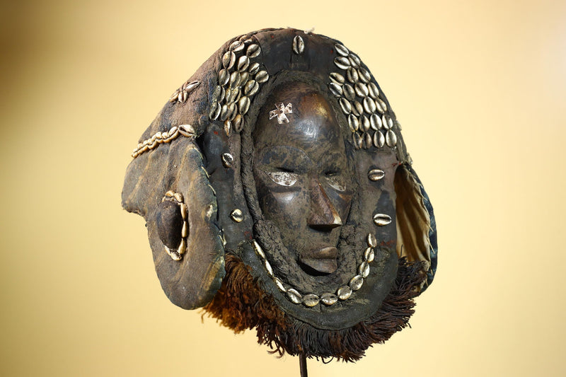 Vintage Dan Cowrie Shell Ceremonial African Tribal Mask Hand-Carved Wood-G6004