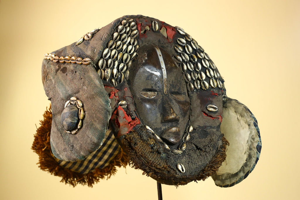 African Antique Dan Mask With Cowrie Shell Crown Fabric Trim Tribal Wood -G6006