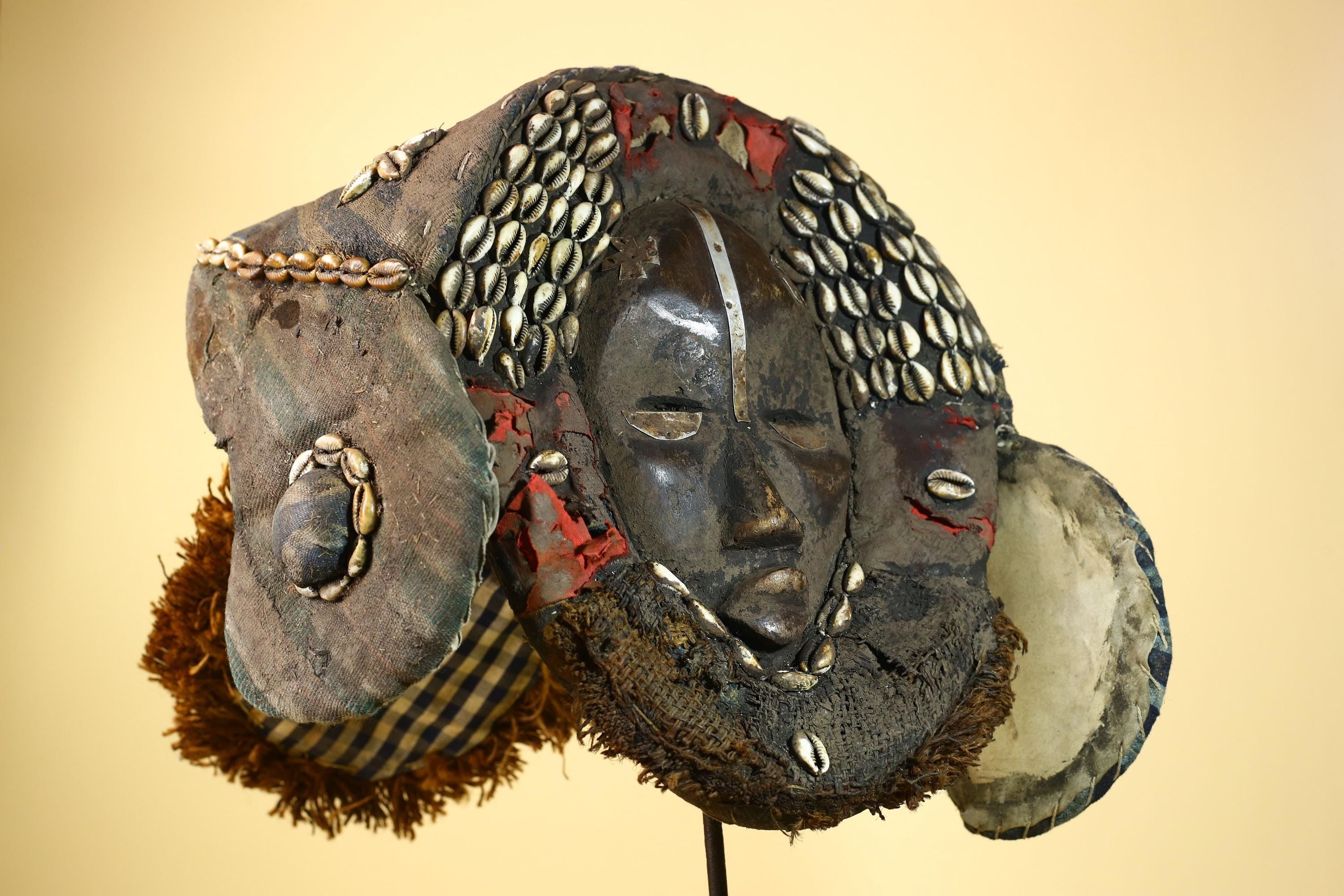 African Antique Dan Mask With Cowrie Shell Crown Fabric Trim Tribal Wood -G6006