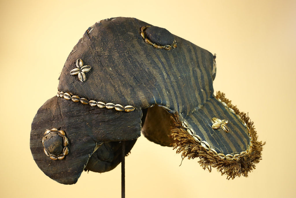 African Antique Dan Mask With Cowrie Shell Crown Fabric Trim Tribal Wood -G6006