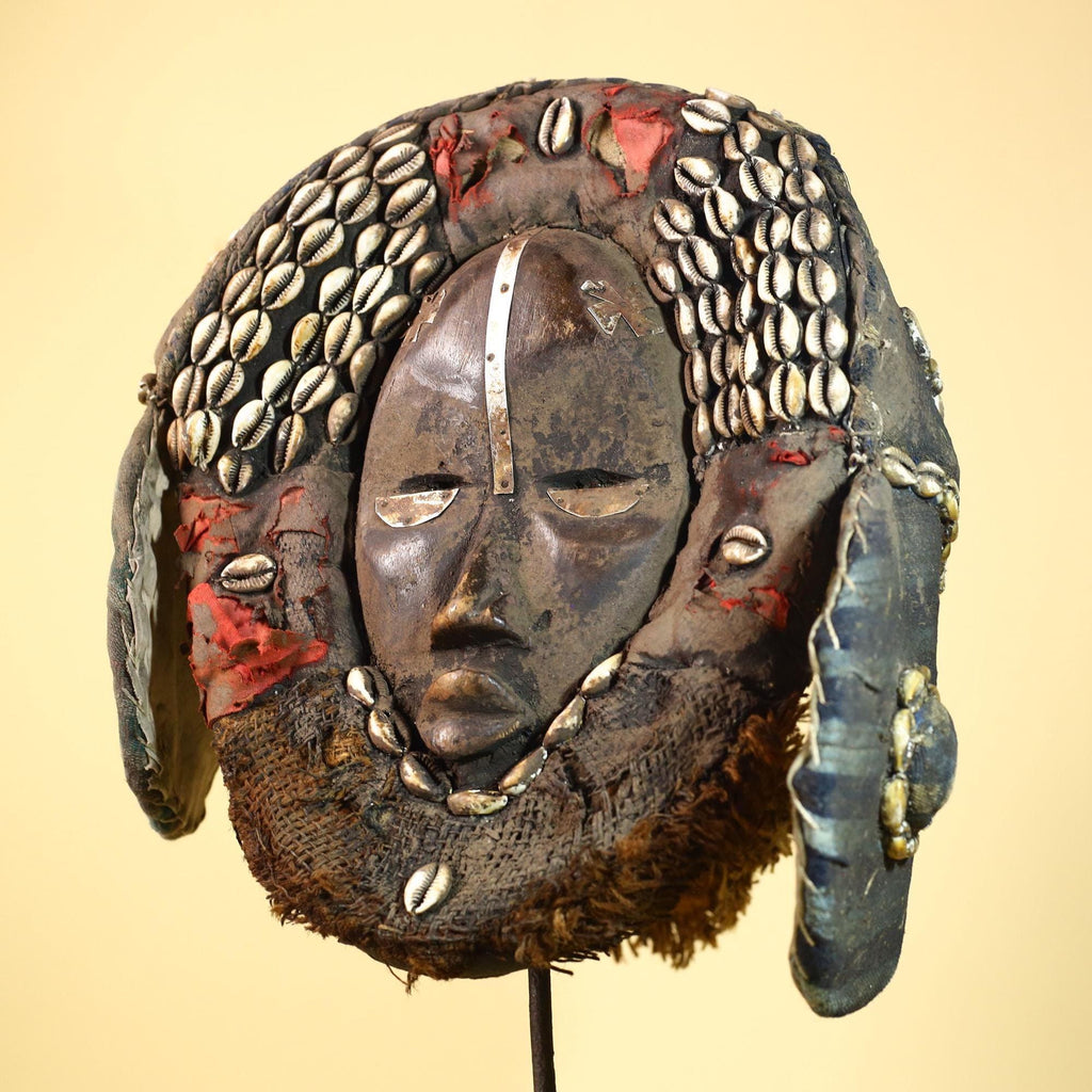 African Antique Dan Mask With Cowrie Shell Crown Fabric Trim Tribal Wood -G6006