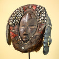 African Antique Dan Mask With Cowrie Shell Crown Fabric Trim Tribal Wood -G6006