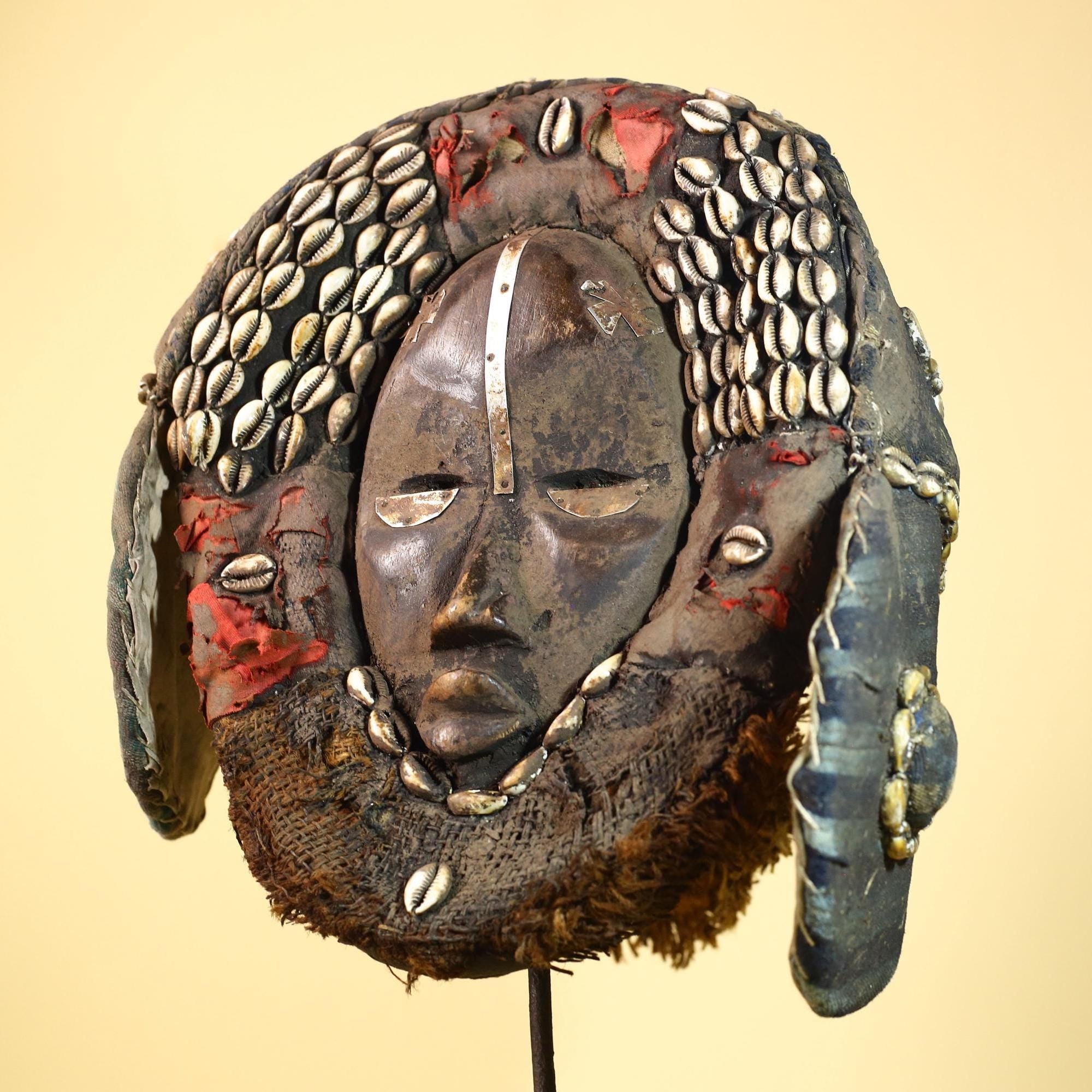 African Antique Dan Mask With Cowrie Shell Crown Fabric Trim Tribal Wood -G6006