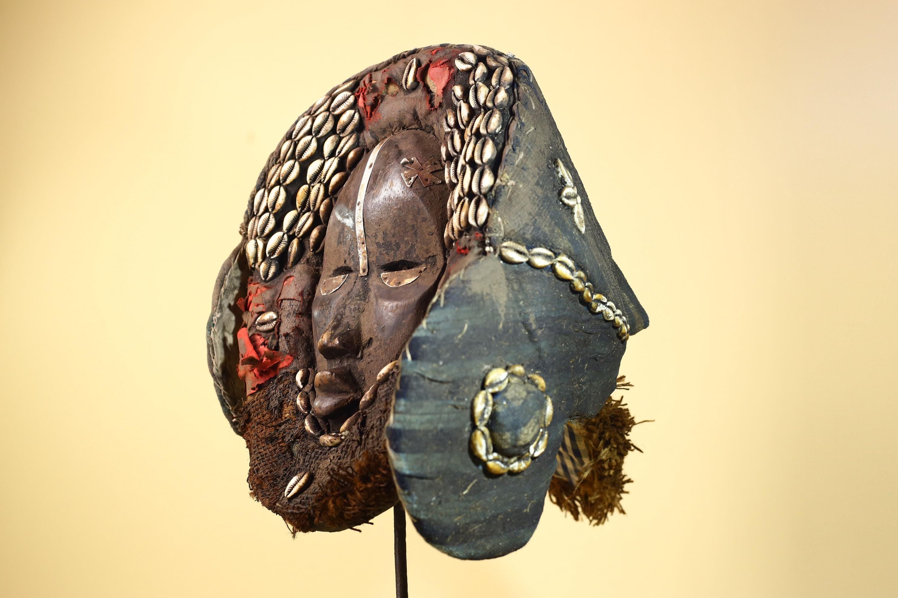 African Antique Dan Mask With Cowrie Shell Crown Fabric Trim Tribal Wood -G6006