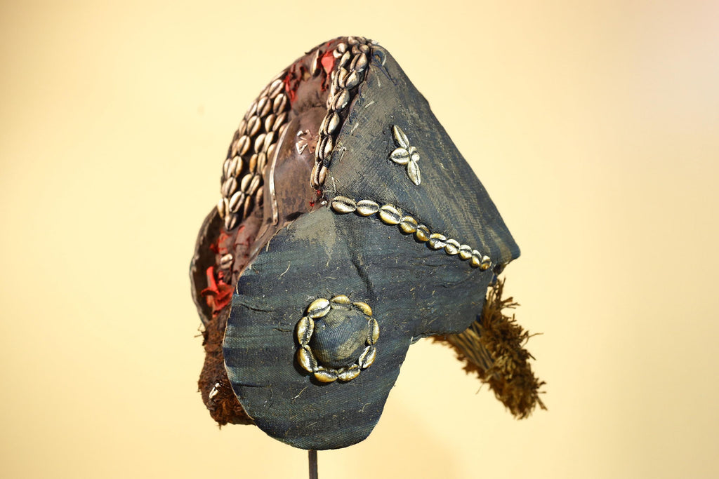 African Antique Dan Mask With Cowrie Shell Crown Fabric Trim Tribal Wood -G6006