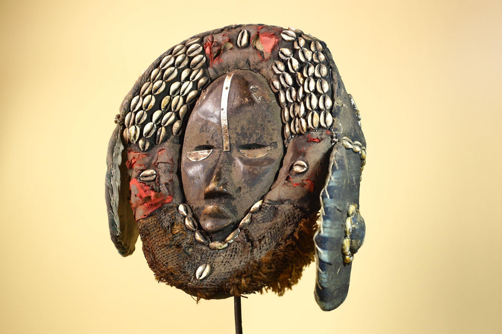 African Antique Dan Mask With Cowrie Shell Crown Fabric Trim Tribal Wood -G6006