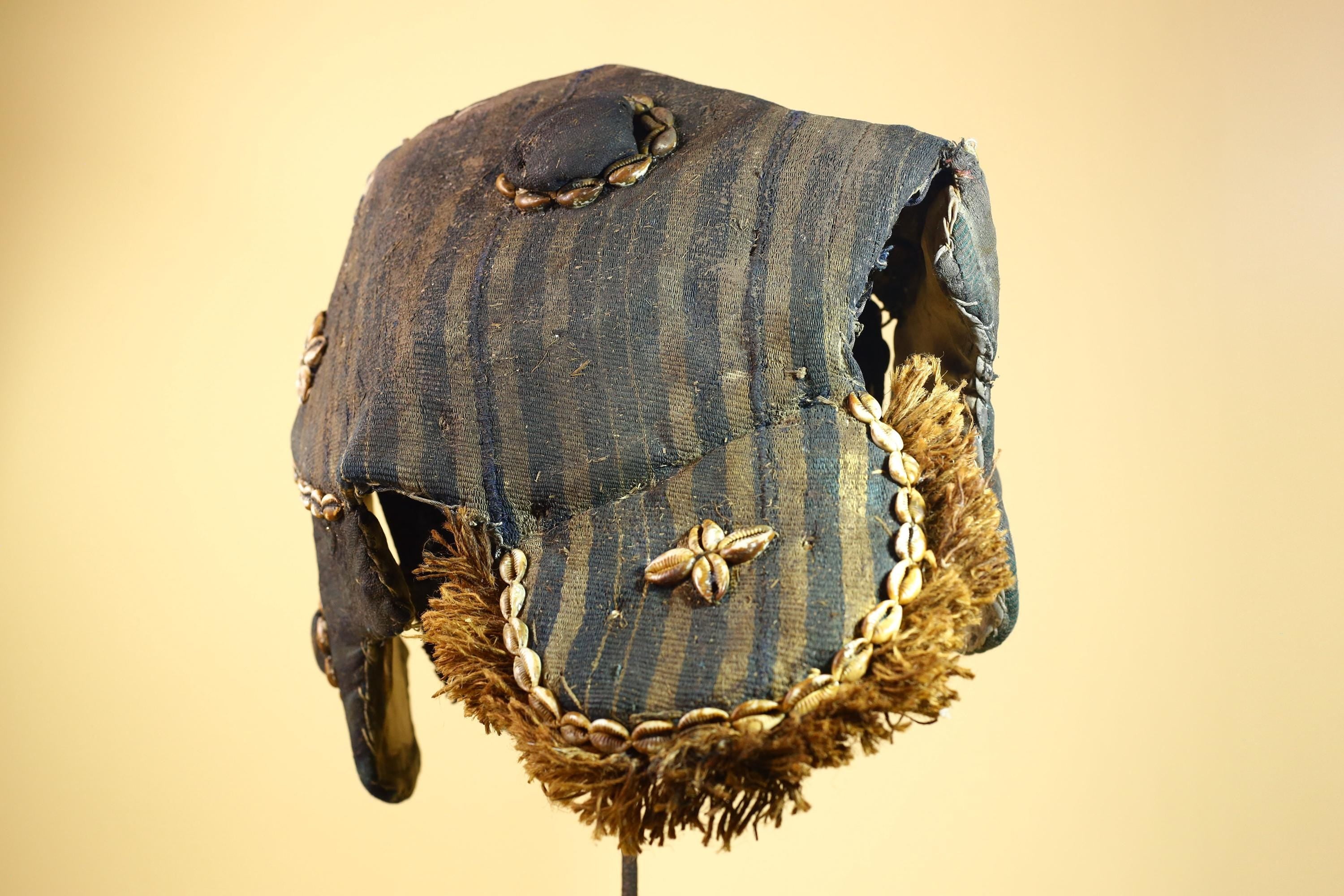 African Antique Dan Mask With Cowrie Shell Crown Fabric Trim Tribal Wood -G6006