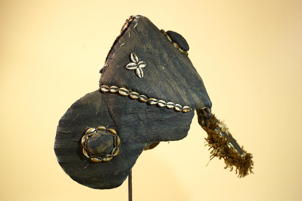 African Antique Dan Mask With Cowrie Shell Crown Fabric Trim Tribal Wood -G6006