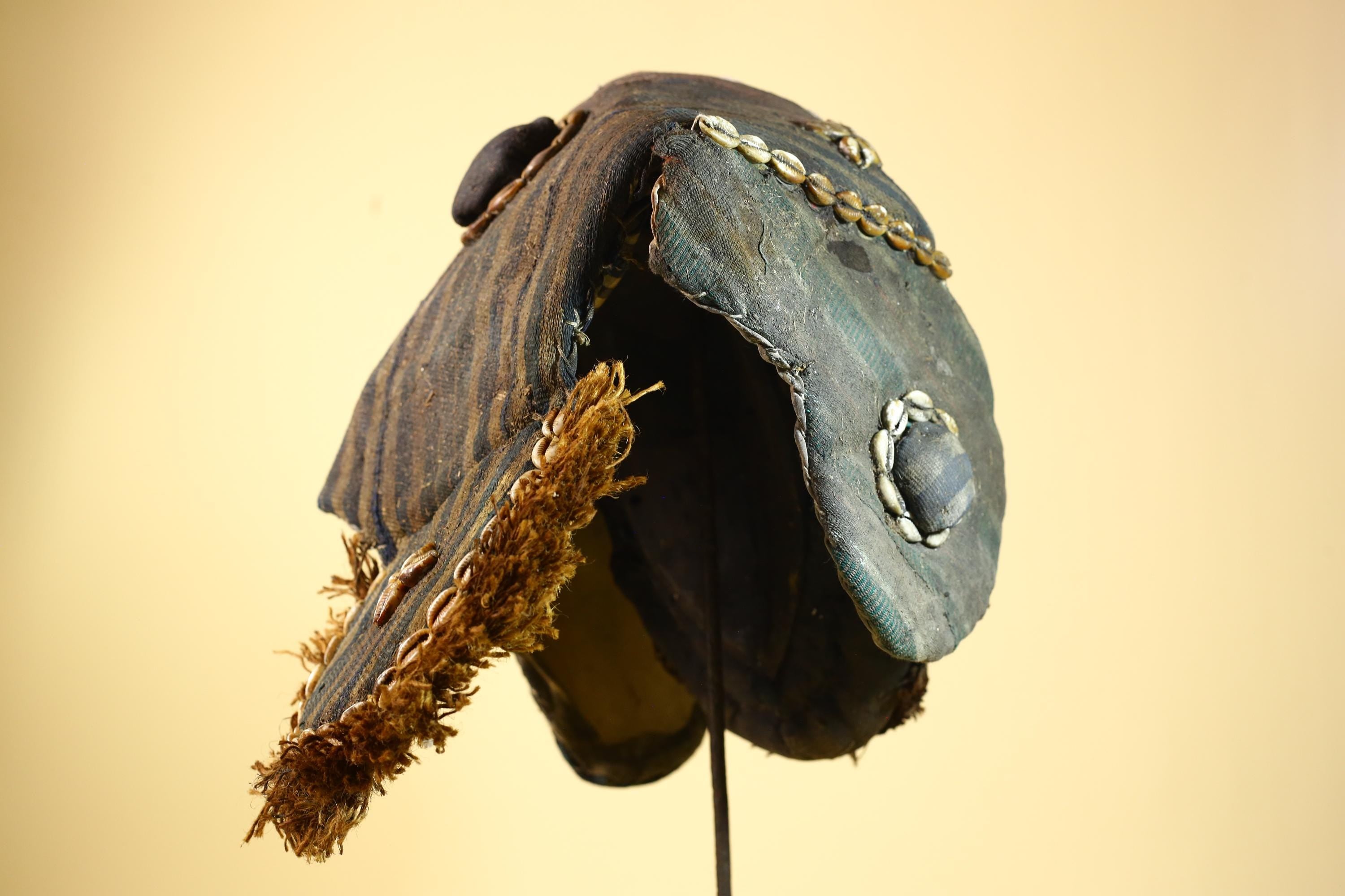 African Antique Dan Mask With Cowrie Shell Crown Fabric Trim Tribal Wood -G6006