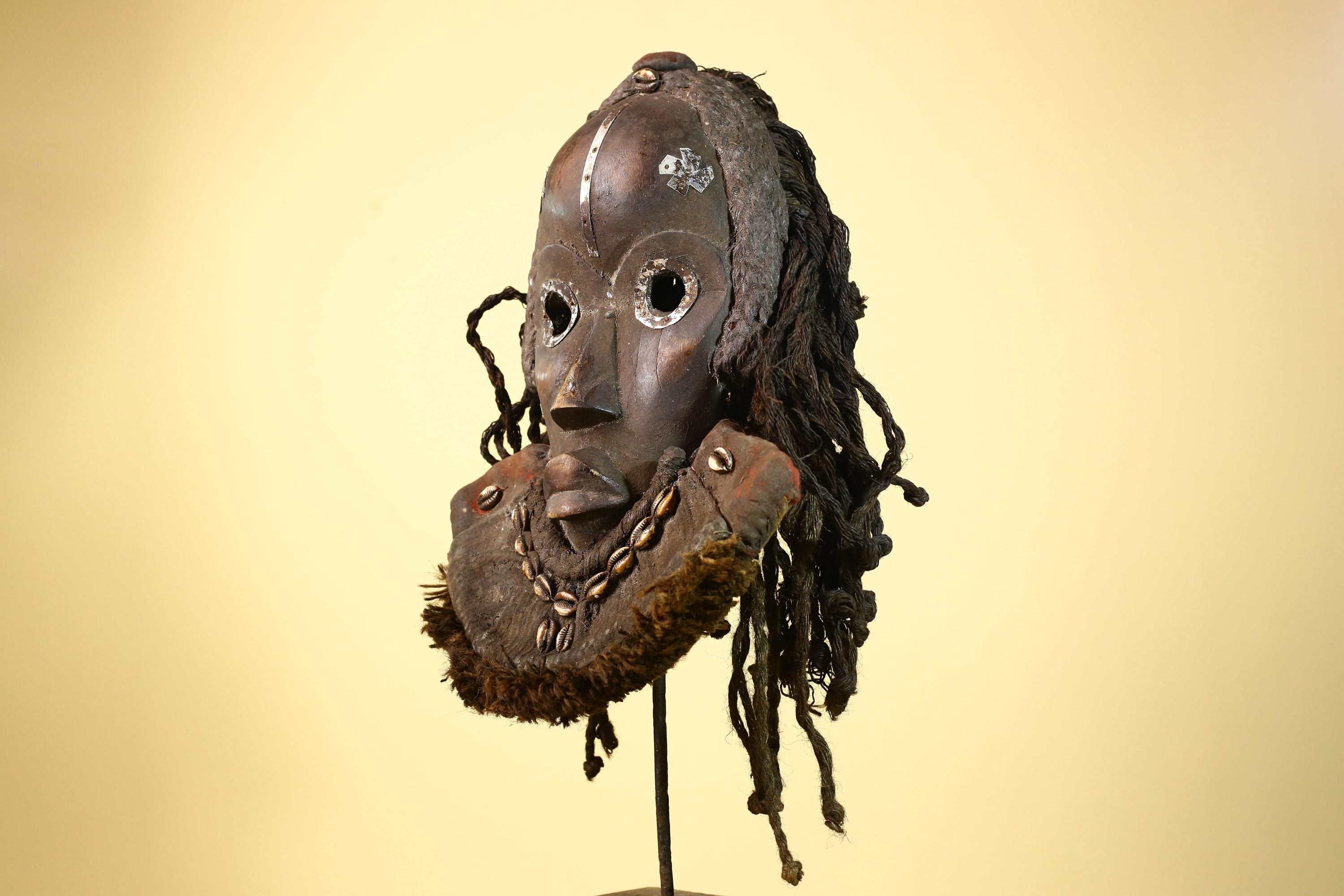 Authentic Carved African Dan Cowrie Shell Adorned Wood Mask with Fiber Hair-G6009