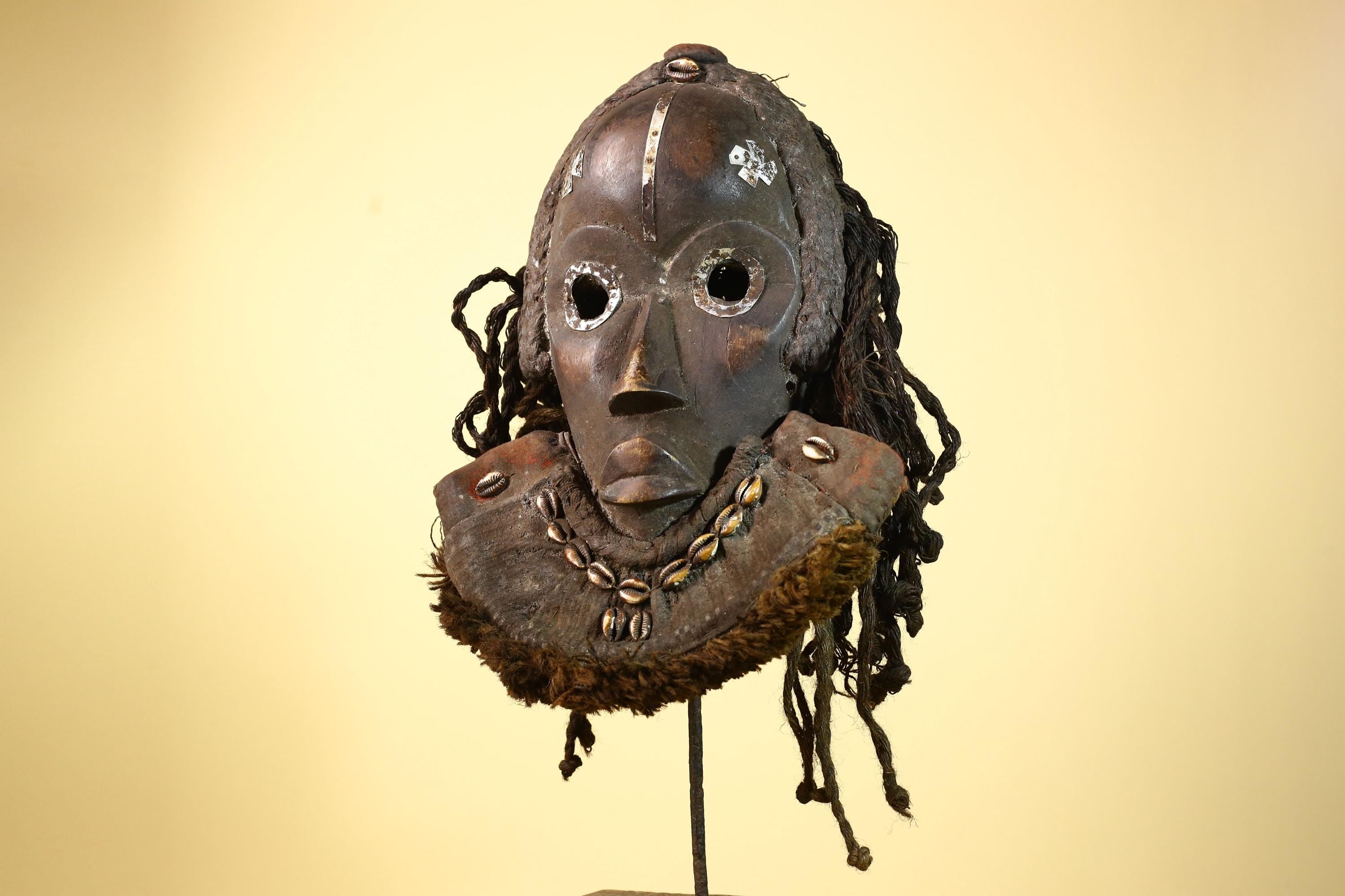 Authentic Carved African Dan Cowrie Shell Adorned Wood Mask with Fiber Hair-G6009