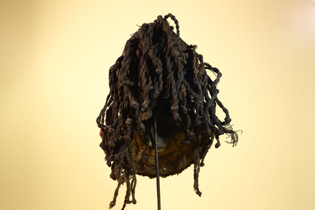 Authentic Carved African Dan Cowrie Shell Adorned Wood Mask with Fiber Hair-G6009