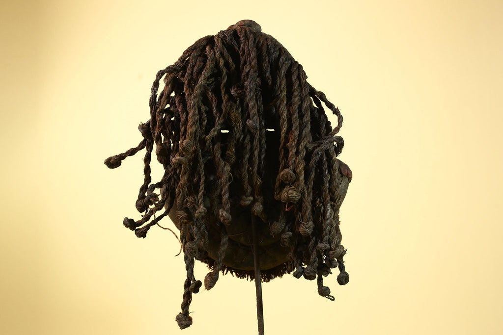 African Vintage Dan Mask with Braided Fiber Hair & Cowrie Shel Details Art-G6010