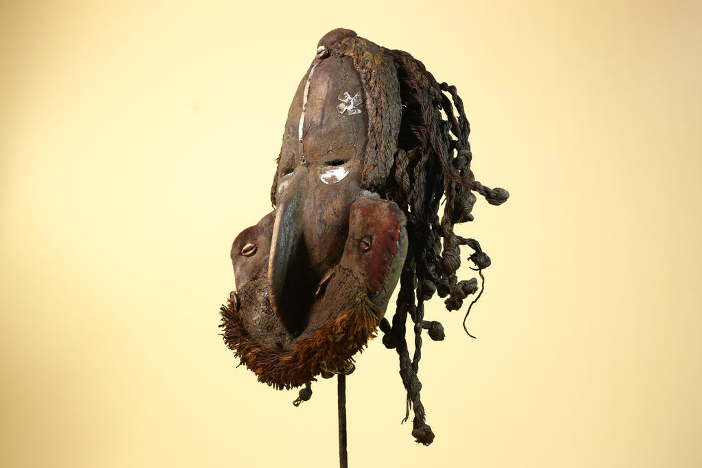 African Vintage Dan Mask with Braided Fiber Hair & Cowrie Shel Details Art-G6010