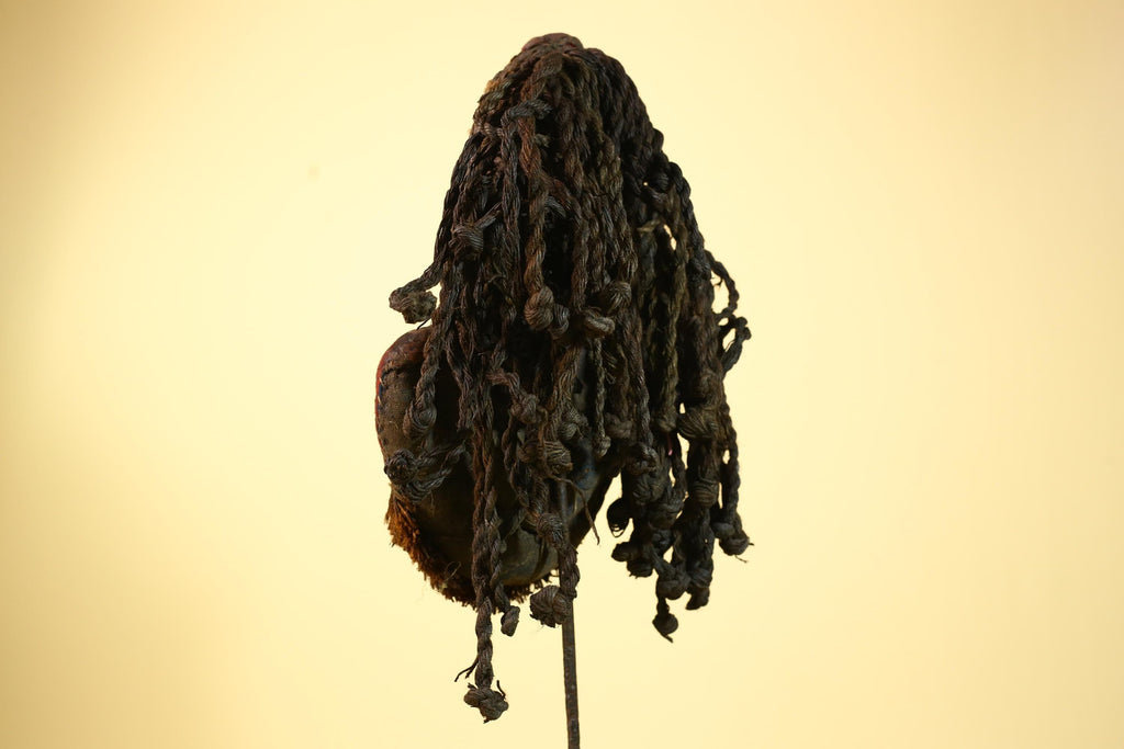 African Vintage Dan Mask with Braided Fiber Hair & Cowrie Shel Details Art-G6010