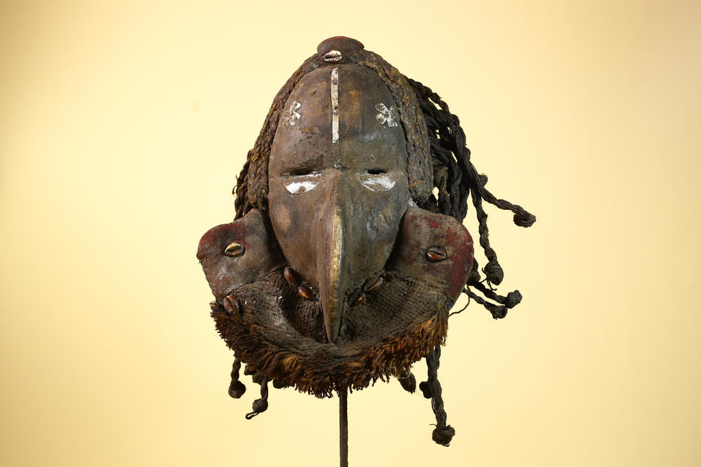 African Vintage Dan Mask with Braided Fiber Hair & Cowrie Shel Details Art-G6010
