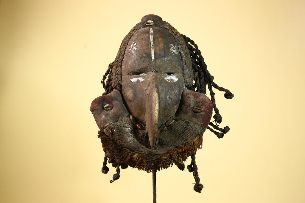 African Vintage Dan Mask with Braided Fiber Hair & Cowrie Shel Details Art-G6010