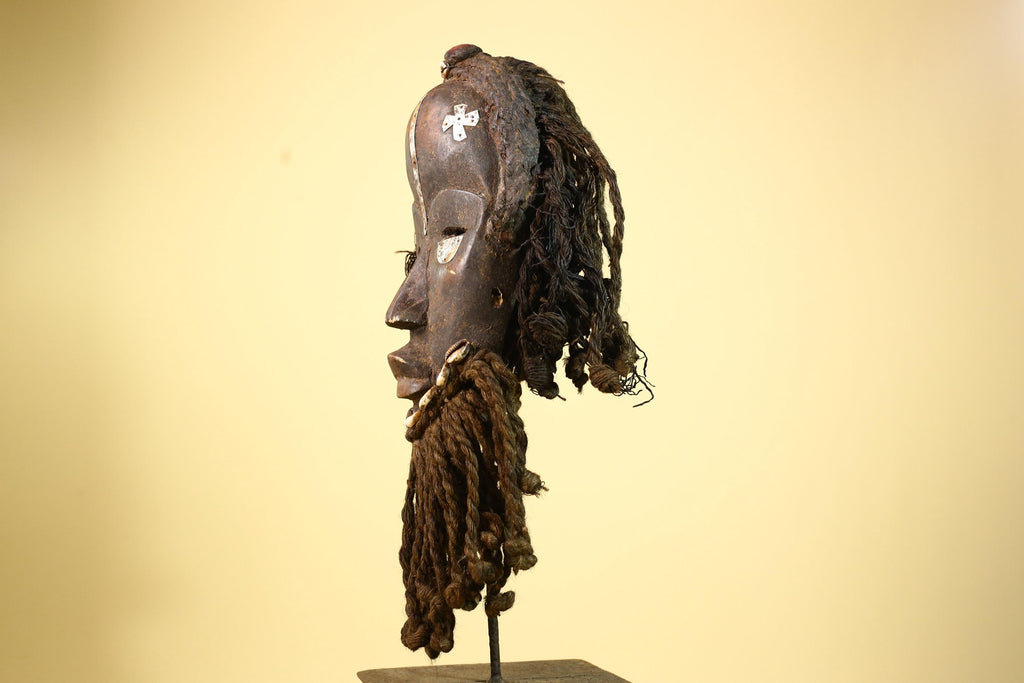 Antique Dan African Mask with Fiber Beard & Cowrie Details Tribal Wood Mask-G6011