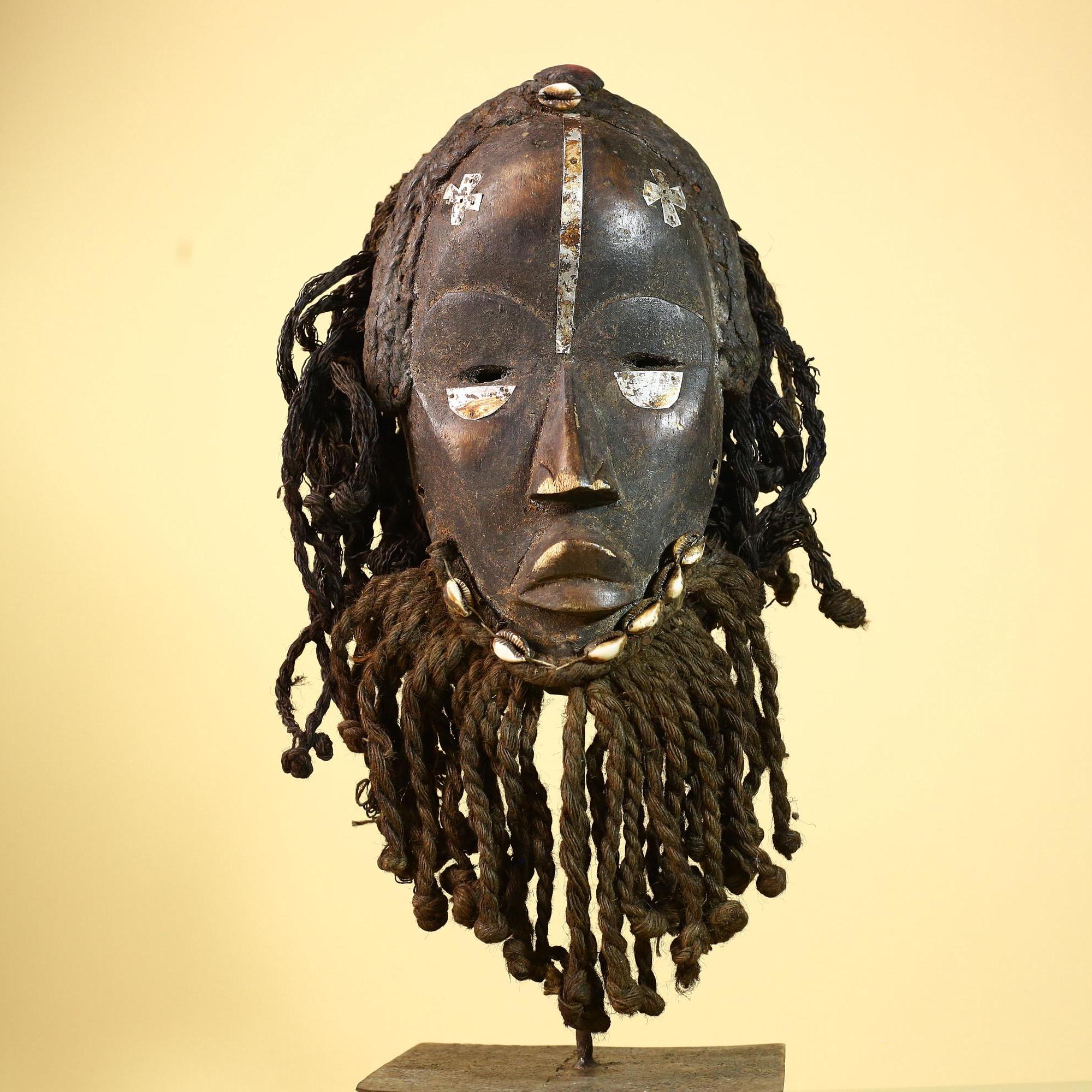 Antique Dan African Mask with Fiber Beard & Cowrie Details Tribal Wood Mask-G6011