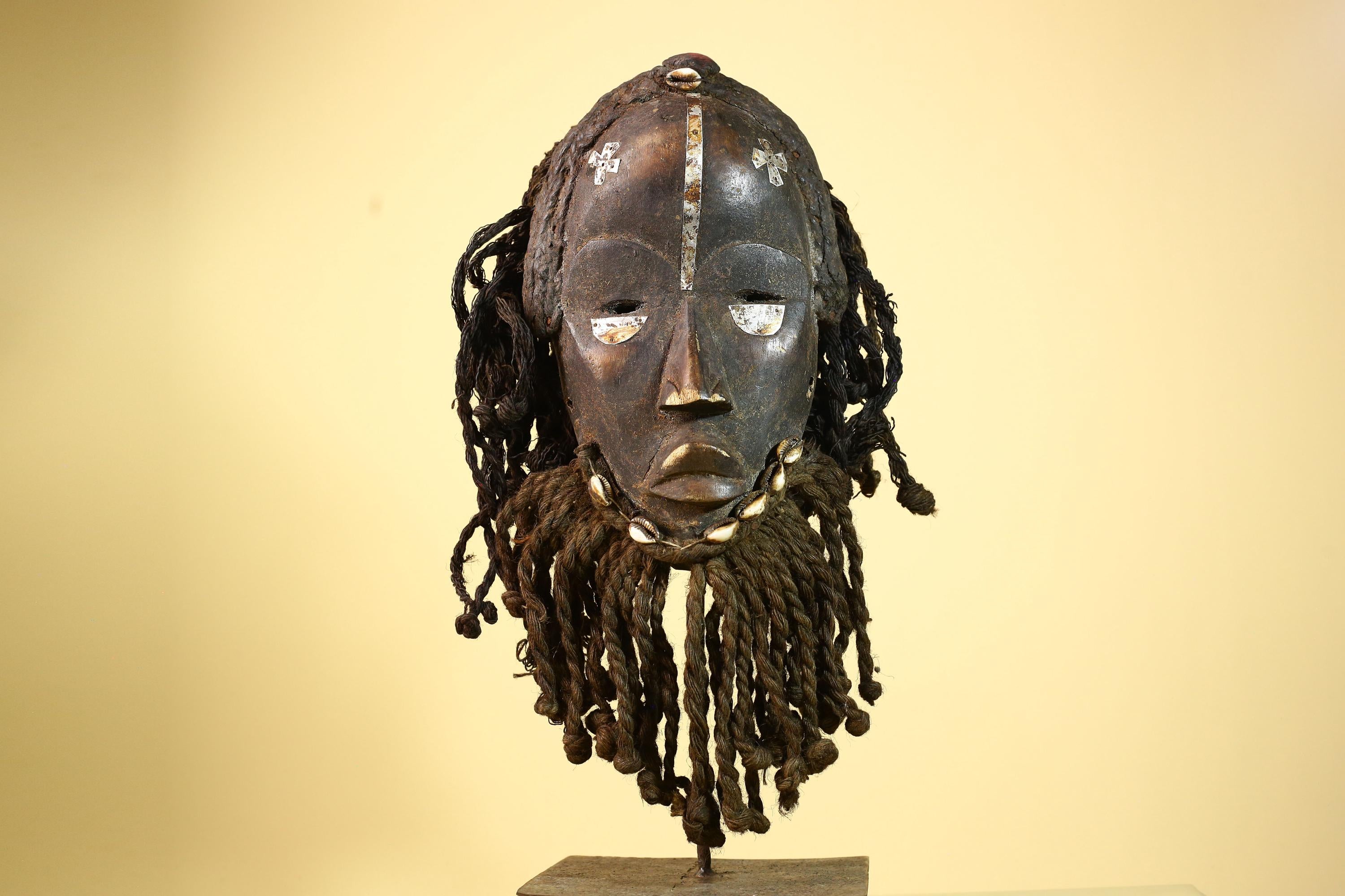 Antique Dan African Mask with Fiber Beard & Cowrie Details Tribal Wood Mask-G6011