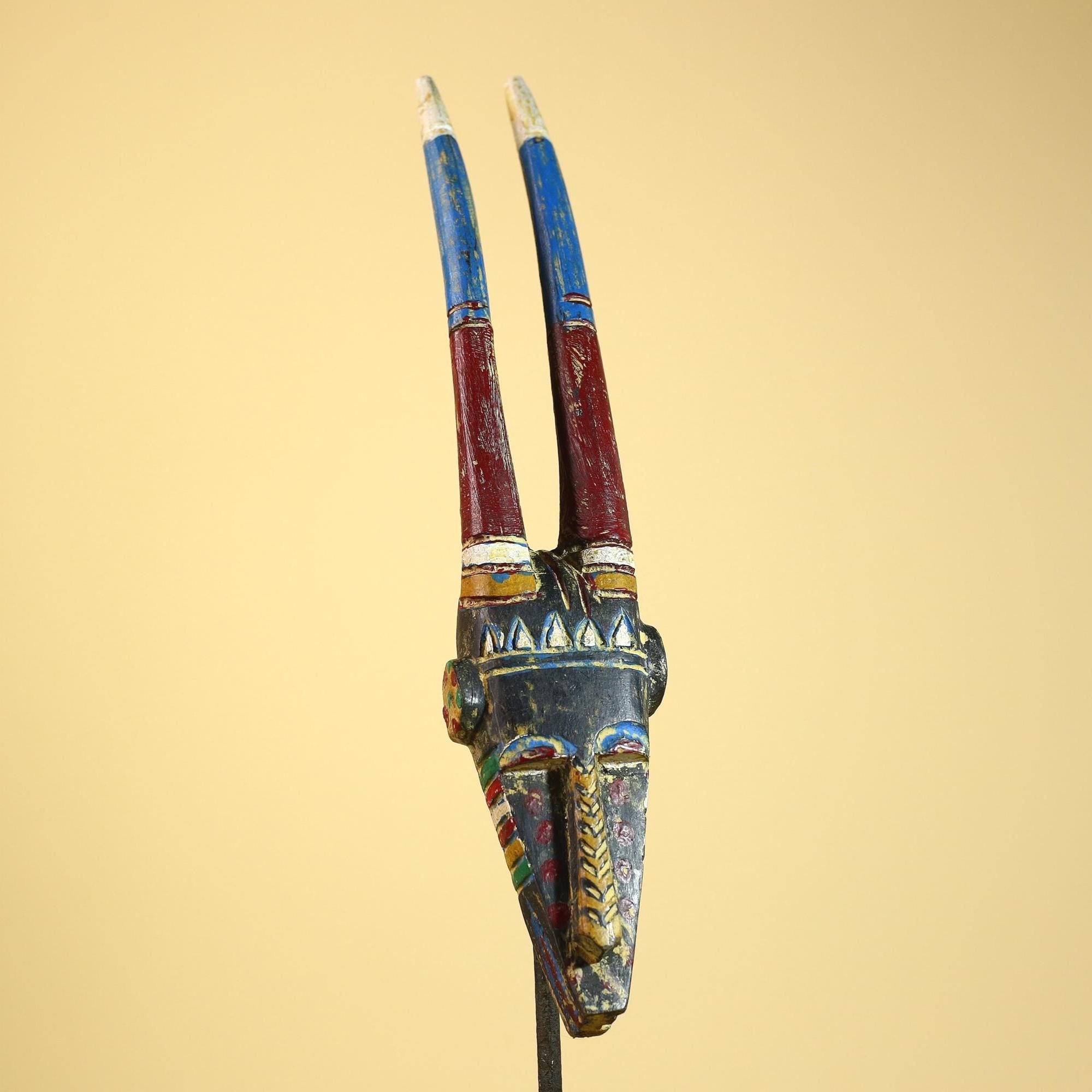 African Mossi Mask Carved Wood Painted Horns Burkina Faso Tribal Art Decor-G5923