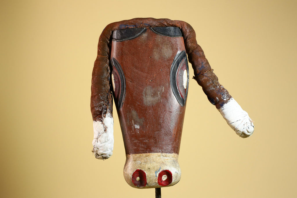 African Tribal Mask Carved Wood Horns Raffia Details Congo Wall Decor-G5924