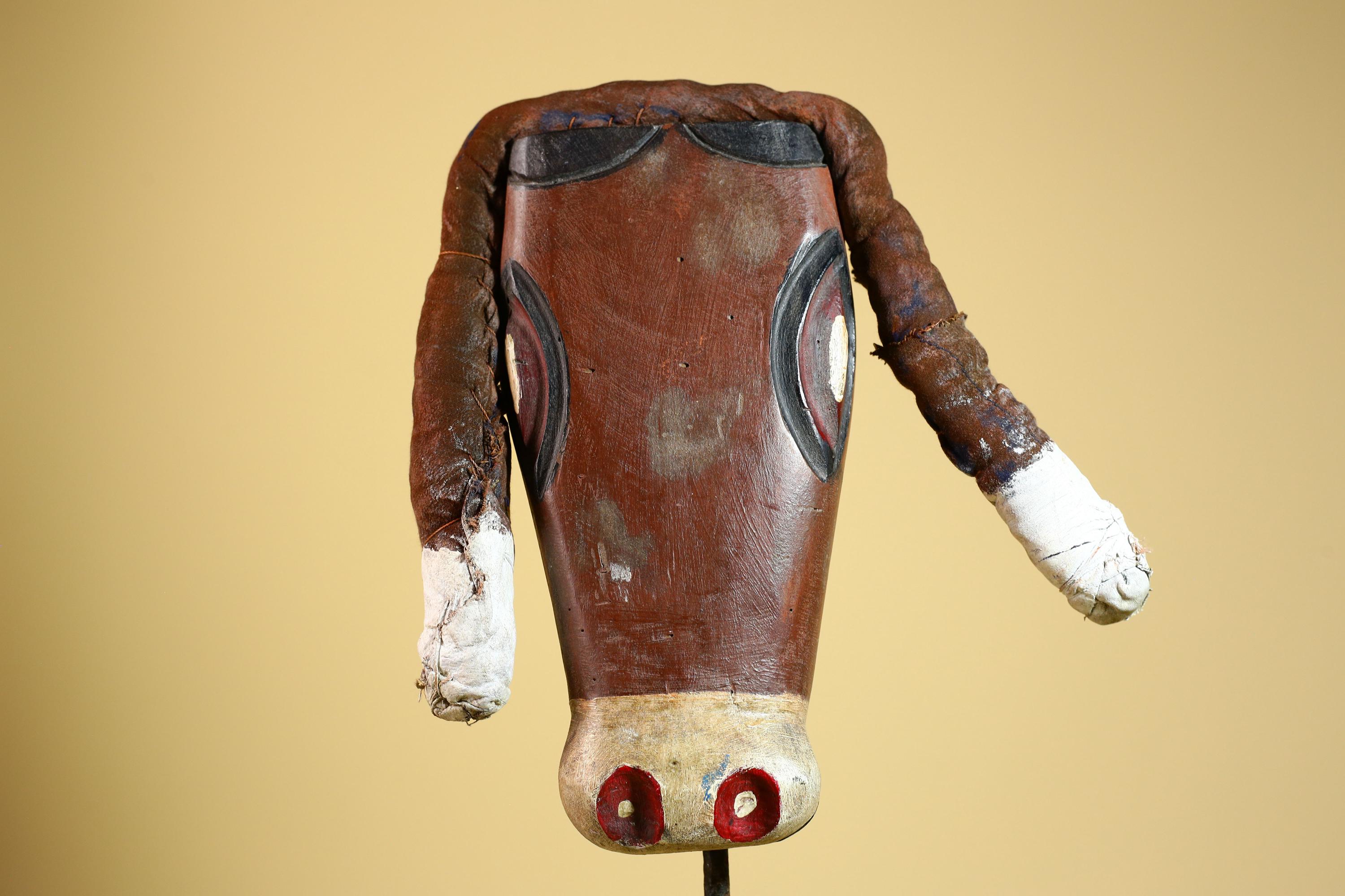 African Tribal Mask Carved Wood Horns Raffia Details Congo Wall Decor-G5924